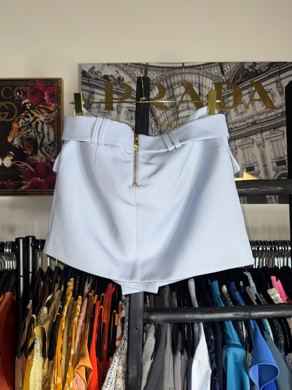 Balmain Wrap Mini Skirt Light Blue Wool Belted Women US6 FR38 Logo Designer Chic - Picture 15 of 16